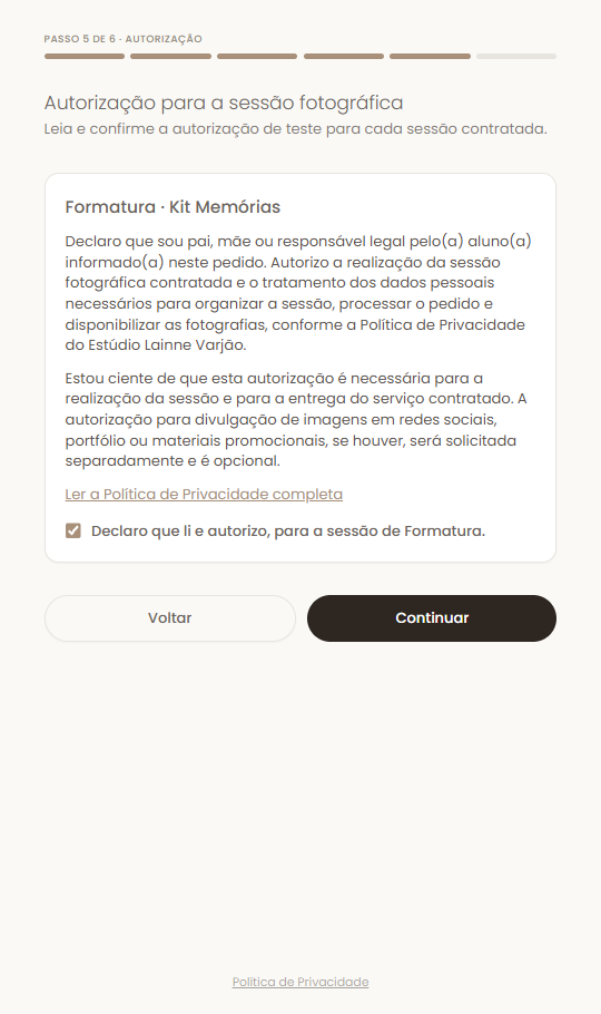 Autorização para a sessão fotográfica