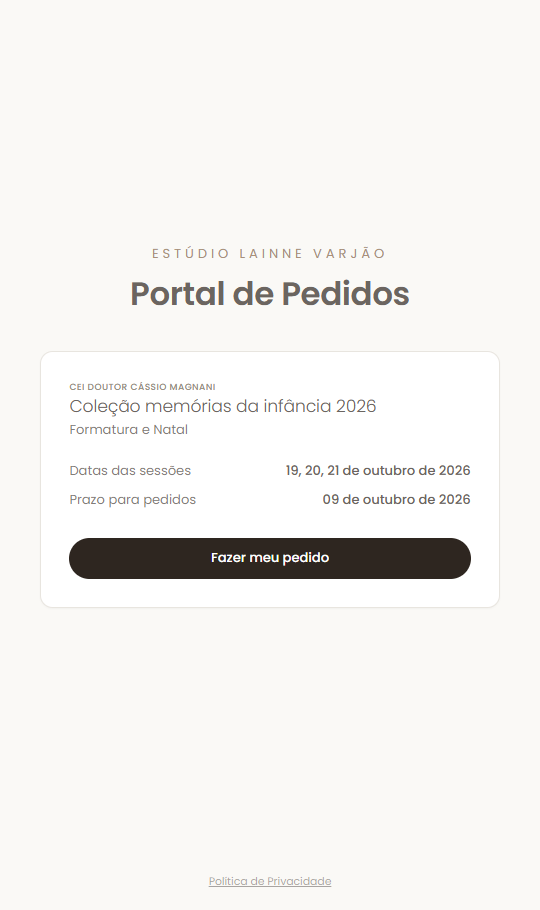 Portal de pedidos da campanha escolar visto no celular